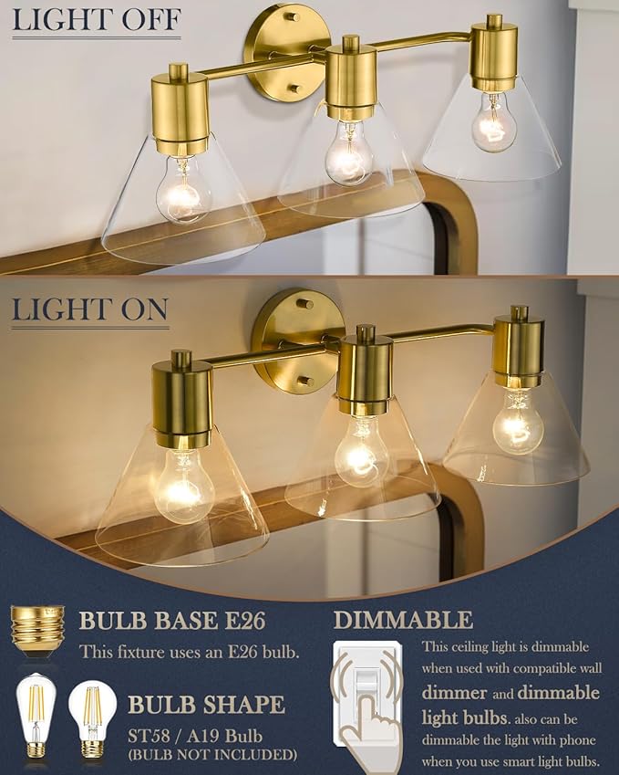LMS Gold Bathroom Vanity Light Fixtures, 3 Light Bathroom Light Fixtures with Clear Glass Shade, LMS-108