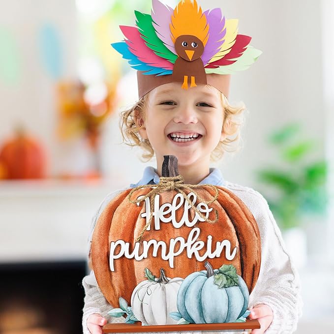 Soaoo Fall Decoration Wooden Fall Hello Pumpkin Sign Autumn Pumpkin Table Decor 11 Inch Wooden Autumn Desktop Ornament for Farmhouse Home Living Room Harvest Day Thanksgiving Decor(Orange,Warm)