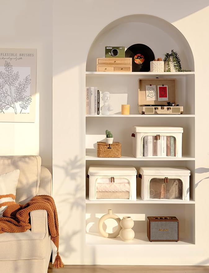 StorageWorks Storage Bins with Lids, Decorative Boxes with Clear Window for Clothes, Fabric Collapsible Baskets for Closet Organization, Medium, Beige, 3 Packs