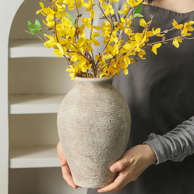 Ceramic Flower Vase Home Decor - Large Farmhouse Table Vases Rustic Vintage Living Room Kitchen Bedroom Decorations for House Book Shelf Office Coffee Desk Dining Fireplace (9" Retro)
