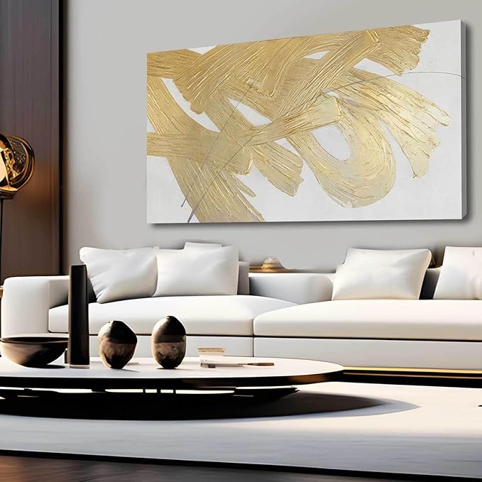 Gold Abstract Wall Art White and Gold Modern Framed Painting Texture Artwork for Living Room Office Dining Room Pictures 24x48 Inch Hand Painted