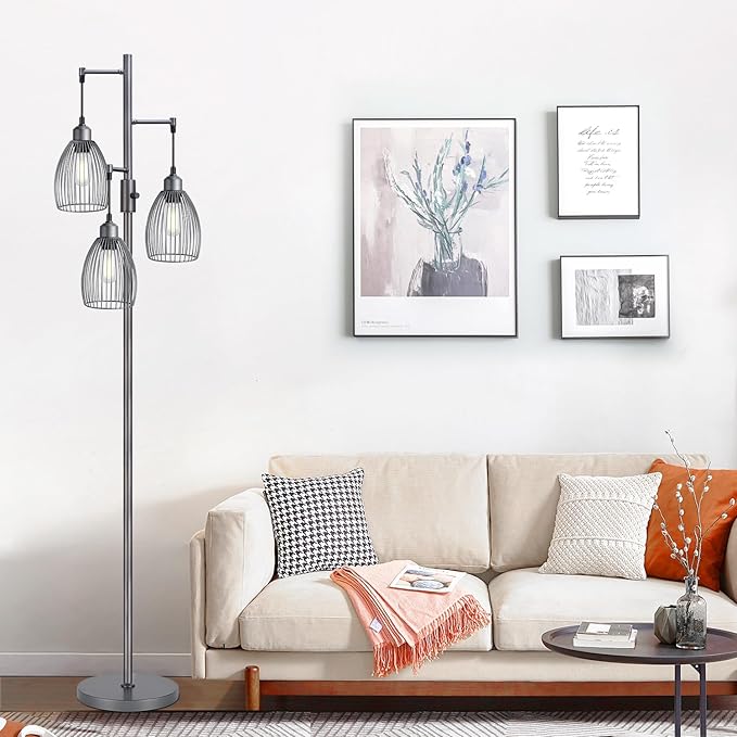Dimmable Industrial Floor Lamps for Living Room, Gray Tree Standing Tall Lamps with 3 Elegant Teardrop Cage Head & 800 Lumens LED Bulbs for Bedroom Office