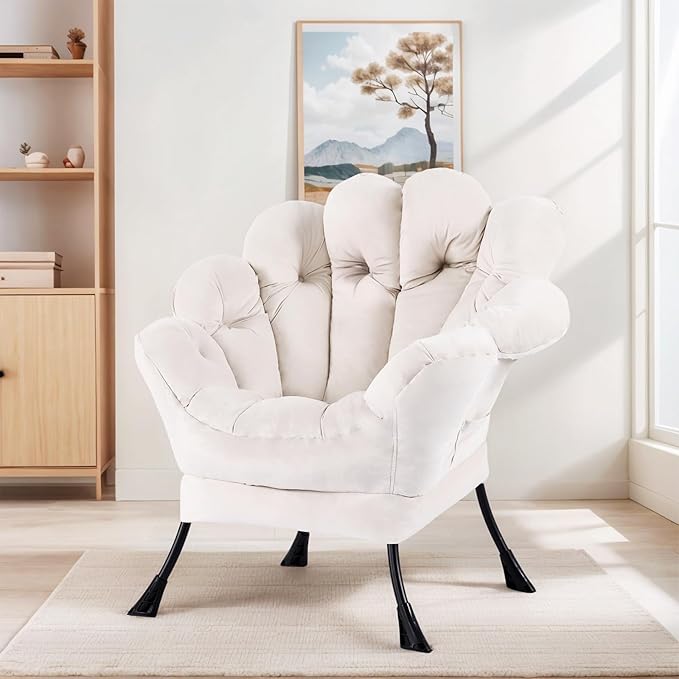 Lazy Chair, Modern Floral Reading Chair with Folding Footrest, Lounge Accent Chair, Comfortable Oversized Armchairs for Bedroom, Living Room, Courtyard, Velvet Beige