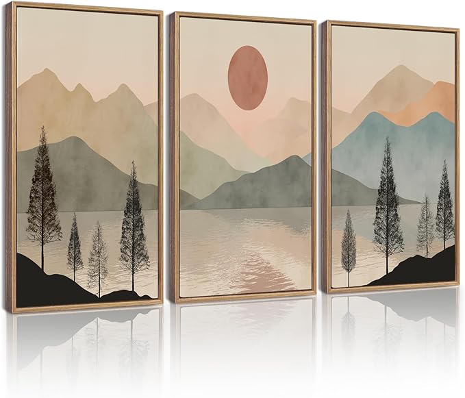 KUVIOKE Vintage Landscape Framed Wall Art Mountain Range Wall Decor Ink Wash Watercolor Nature Laker Sun Rises Prints Bedroom Living Dining Room Ready to Hang 16x24in (Natural Framed)