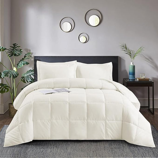 HIG 3pc Down Alternative Comforter Set - All Season Reversible Comforter with Two Shams - Quilted Duvet Insert with Corner Tabs - Box Stitched - Super Soft, Fluffy (King/Cal King, Ivory)