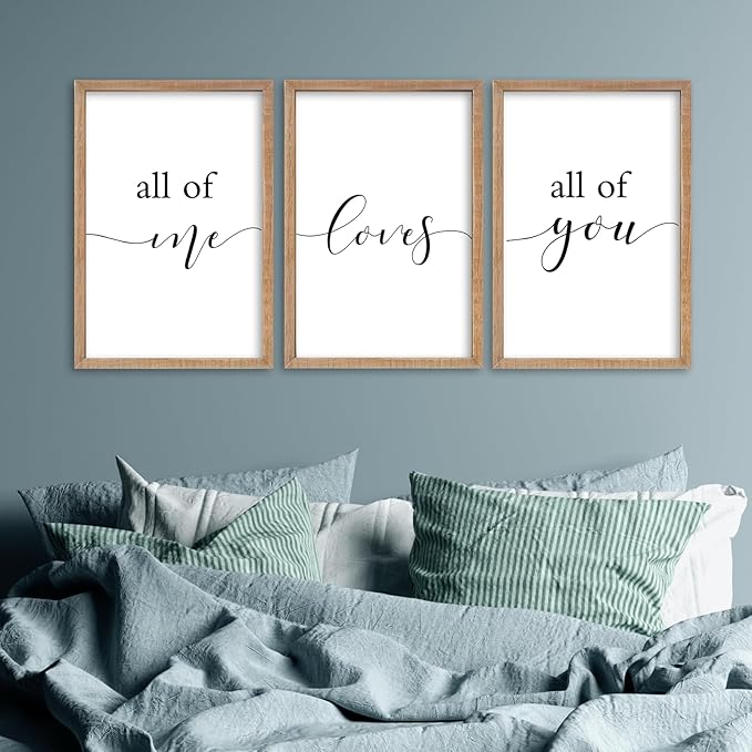 SRSZHIYUE Romantic Love Quote All of Me Loves All of You Sign Wall Decor 16"×11" Set of 3 Framed Wooden Plaque for Couples Master Bedroom Above Over Bed Love Rustic Farmhouse Wall Hanging Art (Wood)