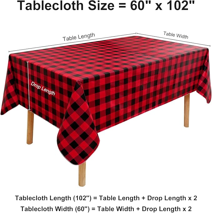 misaya Rectangle Christmas Waterproof Vinyl Table Cloth, Buffalo Flannel Backed Tablecloth, Wipeable Plastic Table Cover for Dinner, Kitchen, Picnic (60" x 102", Red and Black)