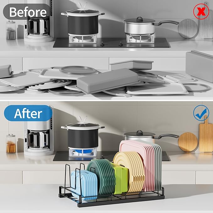 Food Container Lid Organizer, Adjustable 6 Dividers Full-Metal Pot and Pan Organizer Rack for Kitchen Cabinets, Drawers, Cupboards, Pantry Shelves Storage, Black