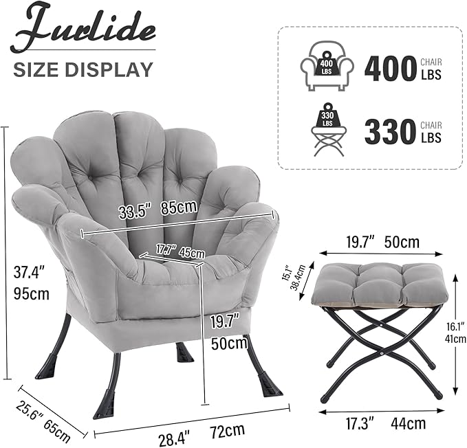 Lazy Chair with Ottoman, Modern Floral Reading Chair with Folding Footrest, Lounge Accent Chairs, Comfortable Oversized Armchairs for Bedroom, Living Room, Courtyard, Light Grey