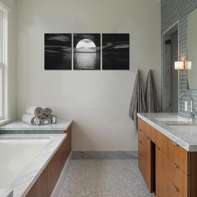 SkenoArt 3 Piece Black and White Bathroom Canvas Wall Decor Ocean Under Moonlight Painting Print Full Moon Seascape Picture Artwork for Home Bedroom Living Room Wall Decor Easy to Hang 12"x16"x3 PCS