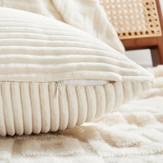 Fancy Homi 4 Packs Boho Cream Decorative Throw Pillow Covers 18x18 Inch for Living Room Couch Bed Sofa, Rustic Farmhouse Home Decor, Soft Cross Corduroy Patchwork Textured Square Cushion Case 45x45 cm