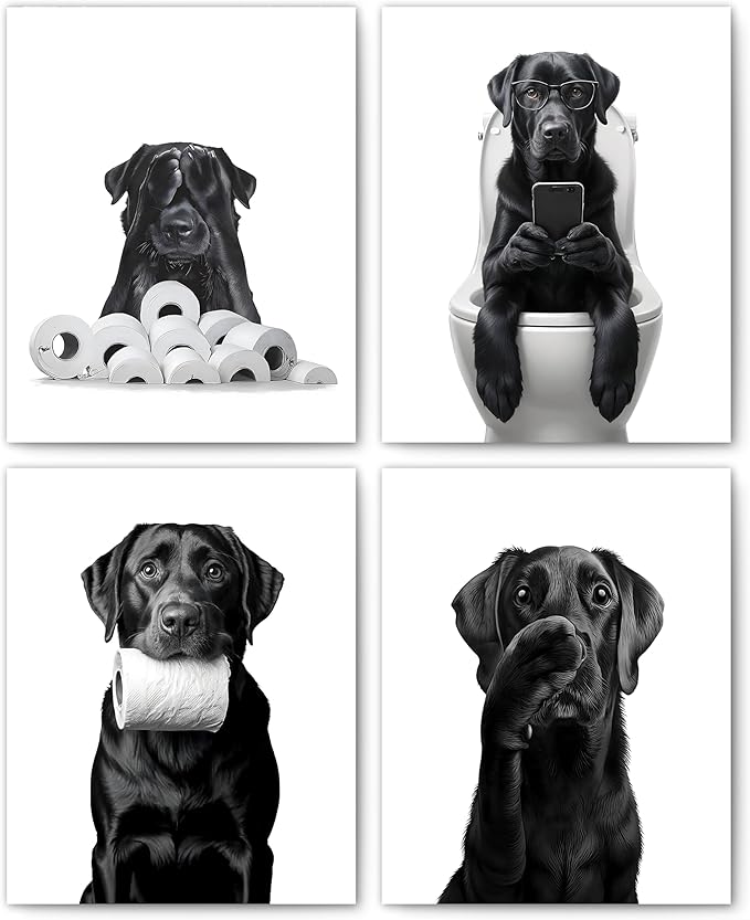 FITIE Funny Black Labrador Retriever Bathroom Wall Art Posters Set of 4, Dog Bathroom Decor, Toilet Humorous Black Lab Dog Canvas Prints Artwork Wall Decor for Bath Wash Room, 8x10 Unframed