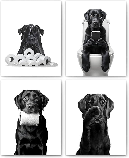 FITIE Funny Black Labrador Retriever Bathroom Wall Art Posters Set of 4, Dog Bathroom Decor, Toilet Humorous Black Lab Dog Canvas Prints Artwork Wall Decor for Bath Wash Room, 8x10 Unframed