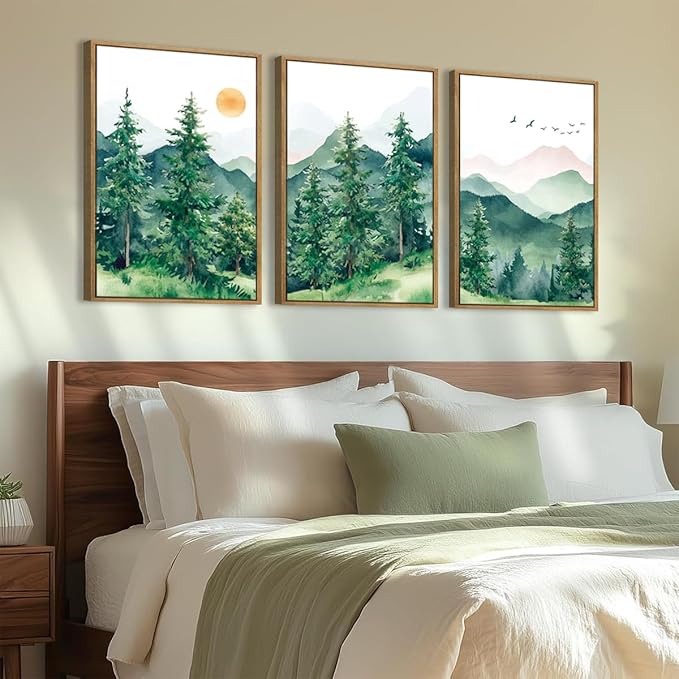 ANHUIB Extra Large Forest Wall Art Green Mountain Wall Decor Set of 3 for Living Room Bedroom Dining Room 24x36 Inch