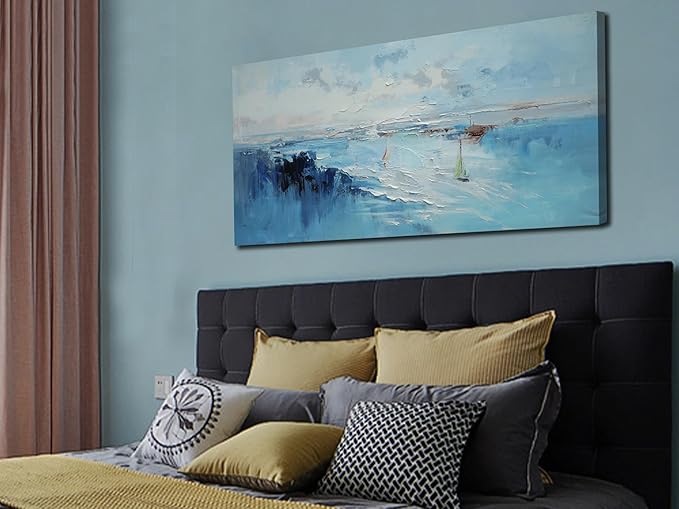 Ardemy Blue Abstract Wall Art Canvas for Living Room Coastal Sailboat Textured Bedroom Modern Teal White Artwork Framed Home Office Kitchen Dining Room Wall Decor, Large 48"x24"