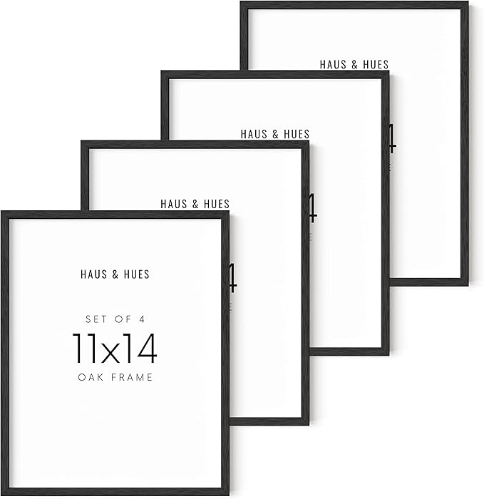 Haus and Hues 11"x14" Black Oak Wood Frames Set of 4 - Frame For Wall Art, Frame For Poster, 11x14 Poster Frame, Art Frames For Wall,11x14 Poster Frame Black Picture Frames 11x14 Wood Frames 11x14, Basic Black Poster Frame