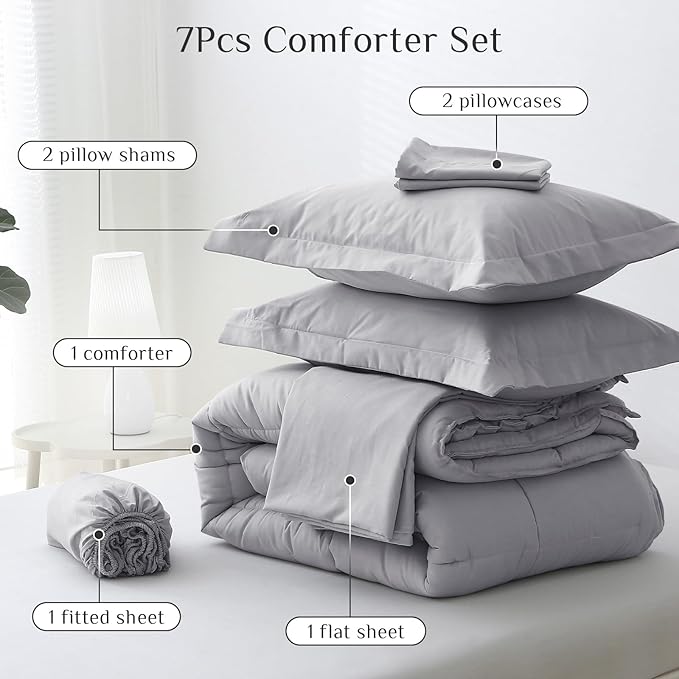 JOLLYVOGUE King Size Comforter Set, Ultra-Soft King Size Comforter Set 7 Pieces, Goose Down Alternative, Oeko-TEX Certified, Sheets & Pillowcases