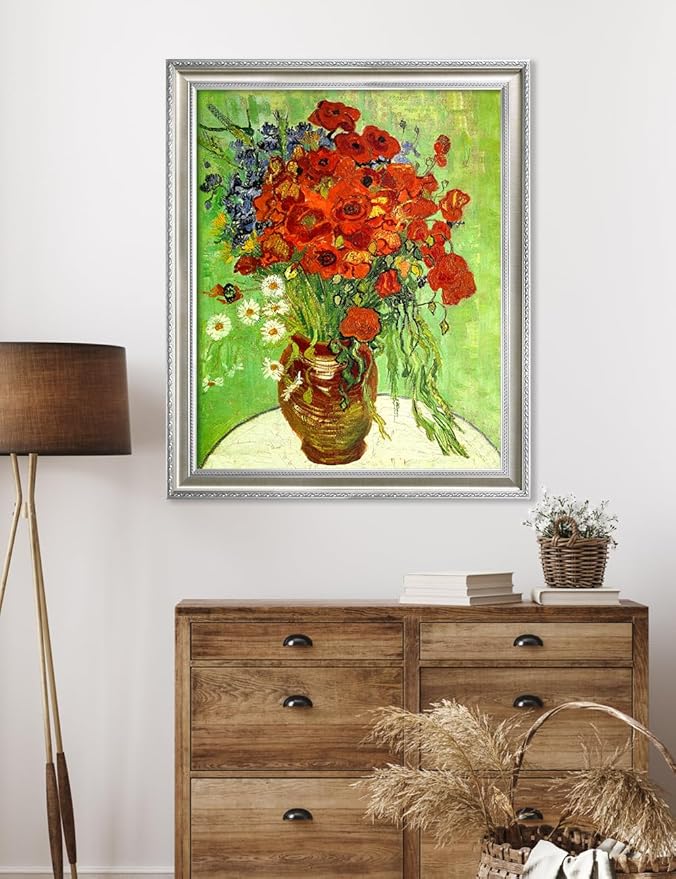 DECORARTS - Red Poppies and Daisies by Vincent van Gogh, Museum-Quality Giclee Canvas Print with Silver Solid Wood Frame, 34.75 x 28.75 in, Ready to Hang, Made in USA