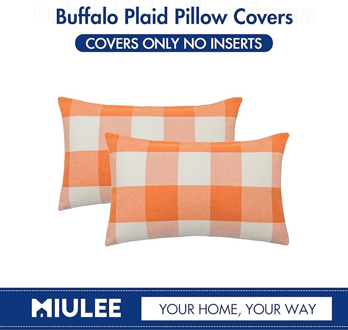 MIULEE Fall Throw Pillow Covers Pack of 2 Classic Farmhouse Buffalo Check Plaids Linen Soft Solid Orange and White Decorative Outdoor Cushion Case for Sofa Bedroom 12 x 20 Inch 30 x 50 cm
