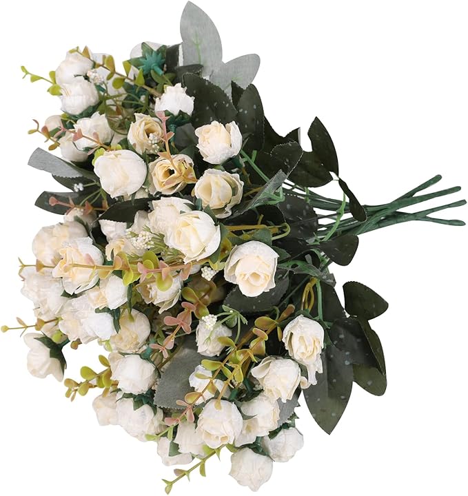 Duovlo 7 Branch 21 Mini Rose Heads Artificial Flowers Bouquet Wedding Home Office Decor,Pack of 4 (4, Champagne)