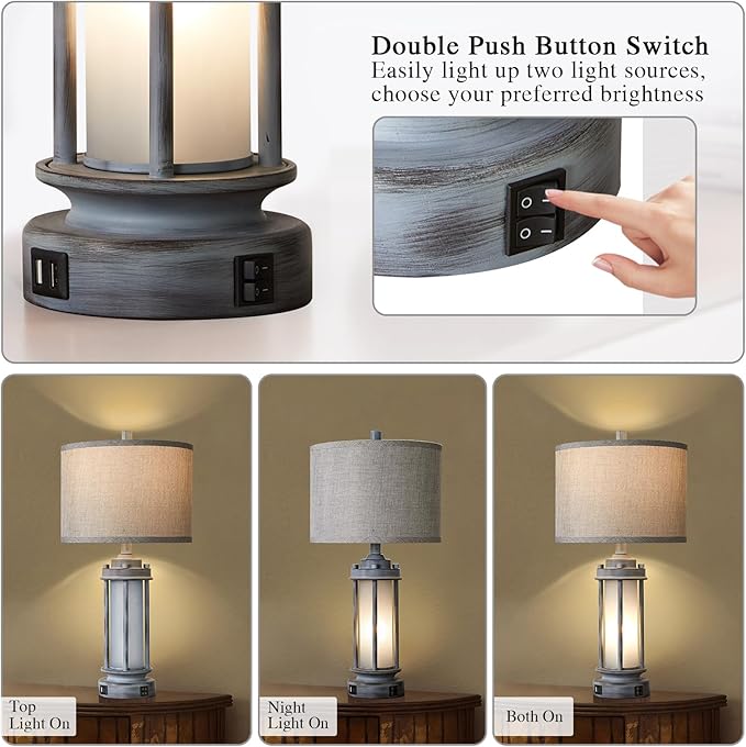 Set of 2 Rustic Table Lamps for Living Room, Farmhouse Vintage Nightstand Lamp with 2 USB Ports, Antique Retro Light Green Glass Night Light for Bedroom Entryway, 4 Bulbs Included