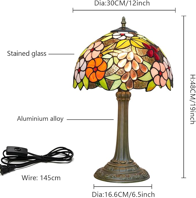 Tiffany Style Stained Glass Table Lamp 12-Inch Purple Grape Flower Reading Bedside Lamp Suitable for Study Living Room Bedroom Coffee Shop Retro Table Lamp Home Decoration Art