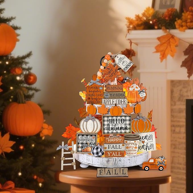 21 Pcs Fall Tiered Tray Decoration Set Thanksgiving Table Sign Pumpkins Farmhouse Gnome Maple Leaves Centerpieces Harvest Wood Blocks Signs Fall Block Tabletop for Autumn
