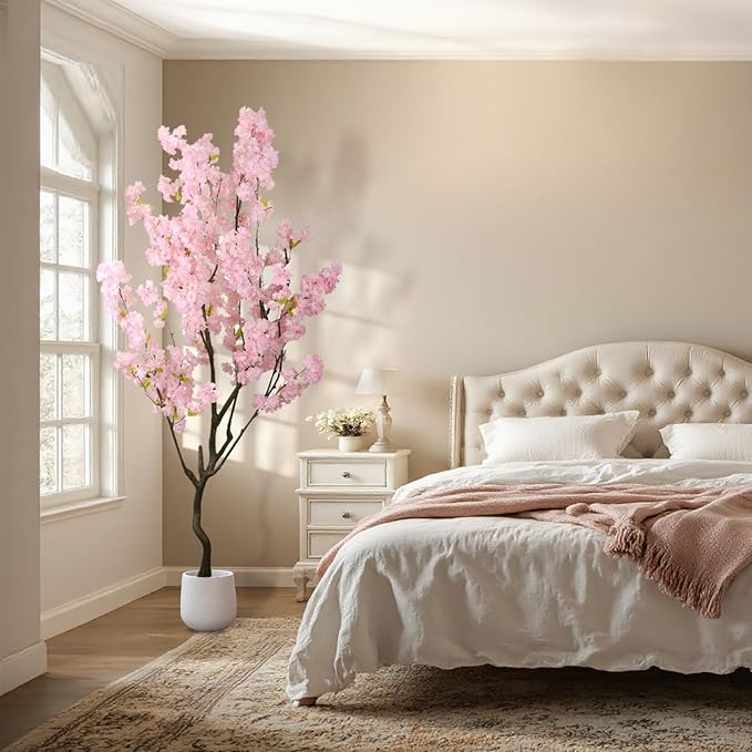 Faux Modern Pink Cherry Blossom Tree 7ft(84in)Tall Artificial Japanese Sakura Tree Decor Natural Fake Pink Floral Tree for Wedding Realistic Silk Plant in Pot for Home Living Room,Office,Outdoor Decor