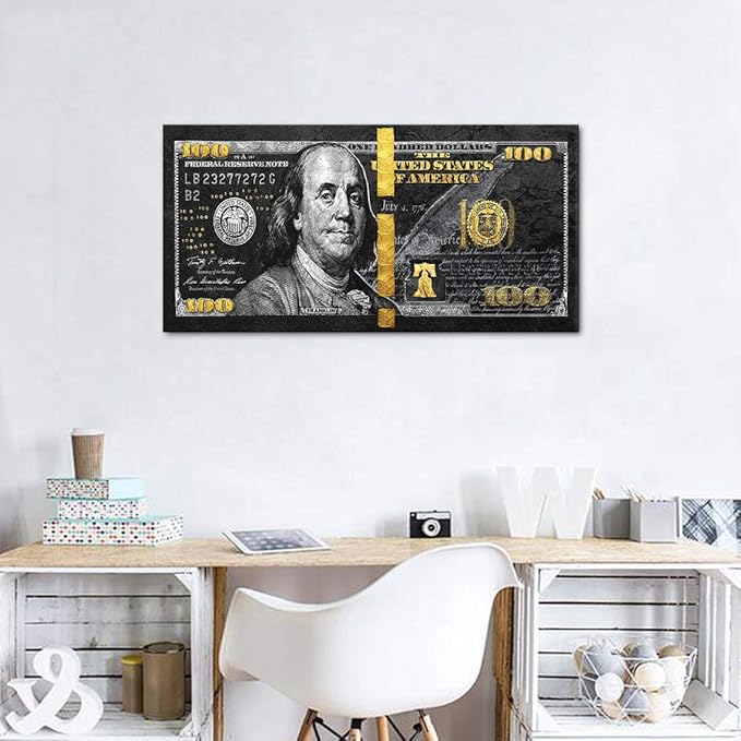 Dollars Money Posters and Prints Culture Style Street Art Inspirational Canvas Painting Wall Pictures for Living Room Cuadros Bedroom Decor Positive Artwork 100 Bill Art Framed Easy to Hang-32 Wx16 H