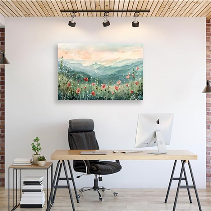 Tucai Decor Floral Landscape Canvas Wall Art 32 x 48 inches Poppies in Mountain Valley Home Decor Art Prints for Living Room Bedroom Office Ready to Hang