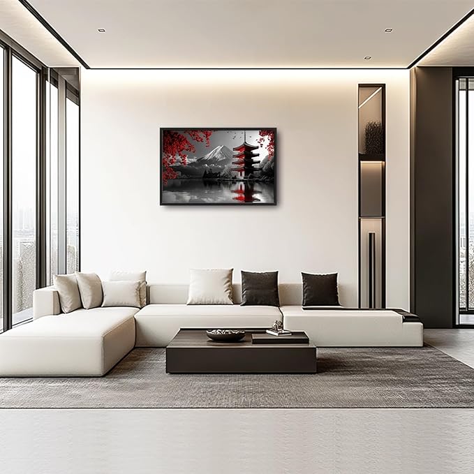 Olivine Japan Large Wall Art, Black And White Pictures Wall Decor, Landscape Paintings, Mountain Canvas Prints, Framed Artwork for Dining Room Bedroom Living Room Office Bathroom 36"x24"