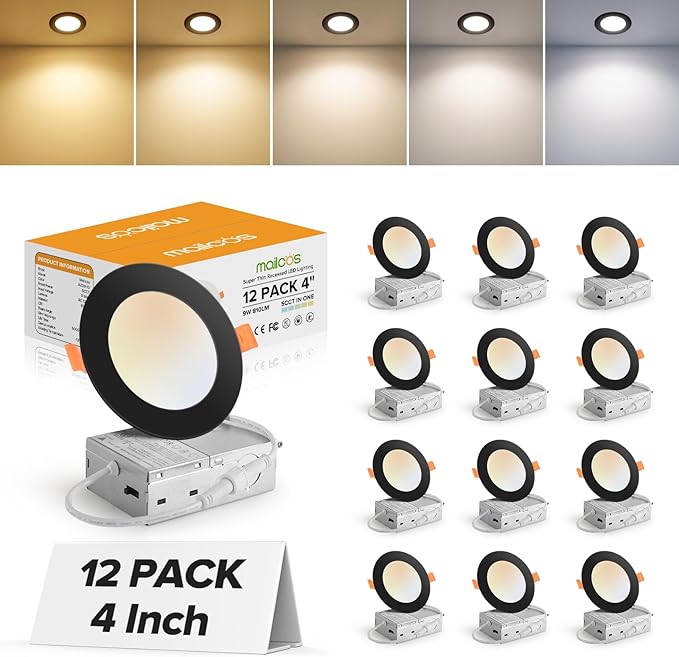 MAILCOS 12 Pack 4 Inch 5CCT Black Ultra-Thin LED Recessed Ceiling Light with Junction Box, 2700K-5000K Selectable, 810LM High Brightness, Dimmable Canless Wafer Downlight, 9W 120V, ETL