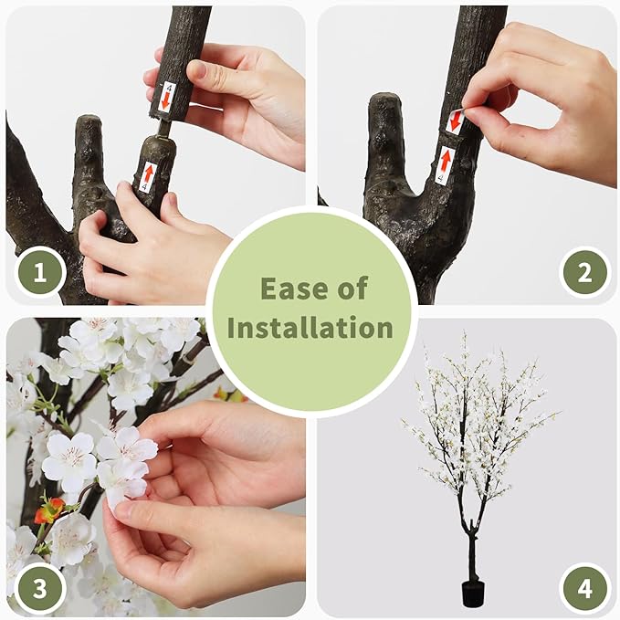 Faux White Cherry Blossom Tree 6ft(72in) Tall Artificial Plant Home Decor Handmade Natural Fake White Flower Tree for Wedding Realistic Silk Cherry Plant in Pot for Living Room,Office,Outdoor Decor.