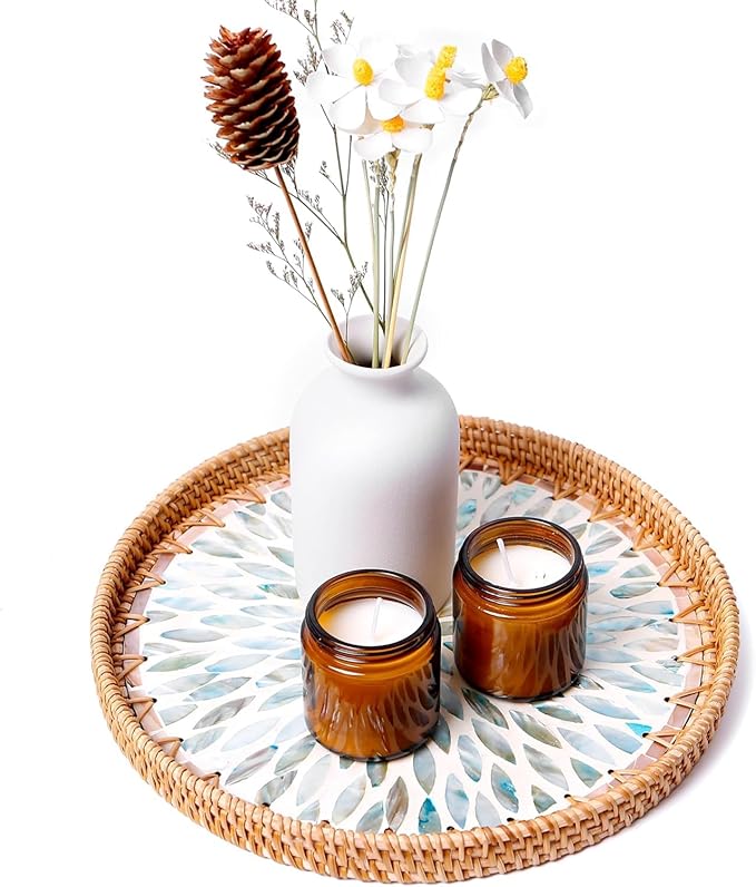 Round Rattan Tray with Mother of Pearl Inlay & Wooden Base - Decorative Wicker Serving Tray for Coffee/Bread/Fruits, Food Storage & Display - Multipurpose Home Decor (L,Colorful Leaves)