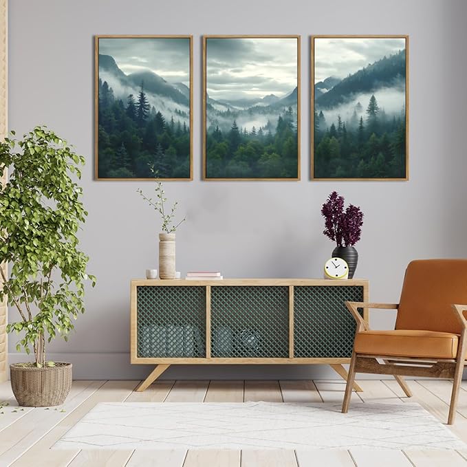 IARTTOP Large Misty Mountain Framed Wall Art 16x24 inch Green Foggy Forest Canvas Wall Decor Modern Pine Trees Nature Landscape Prints for Living Room Bedroom Set of 3