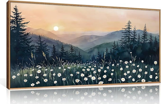 KAIRNE Large Mountain Landscape Wall Art, Watercolor Forest and Misty Pine Tree Canvas Print, Nature Scenery Artwork for Living Room Bedroom Office Decor, Rustic Wood Frame Ready to Hang, 20x40inch