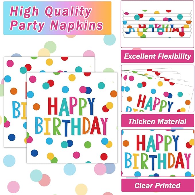 Birthday Party Oval Paper Plate 11inch Large Happy Birthdays Plates and Napkins, Colorful Dots Party Decoration Favor Dish Tray for Bday Baby Shower Holiday Gathering Supplies Tableware, 25 Guest