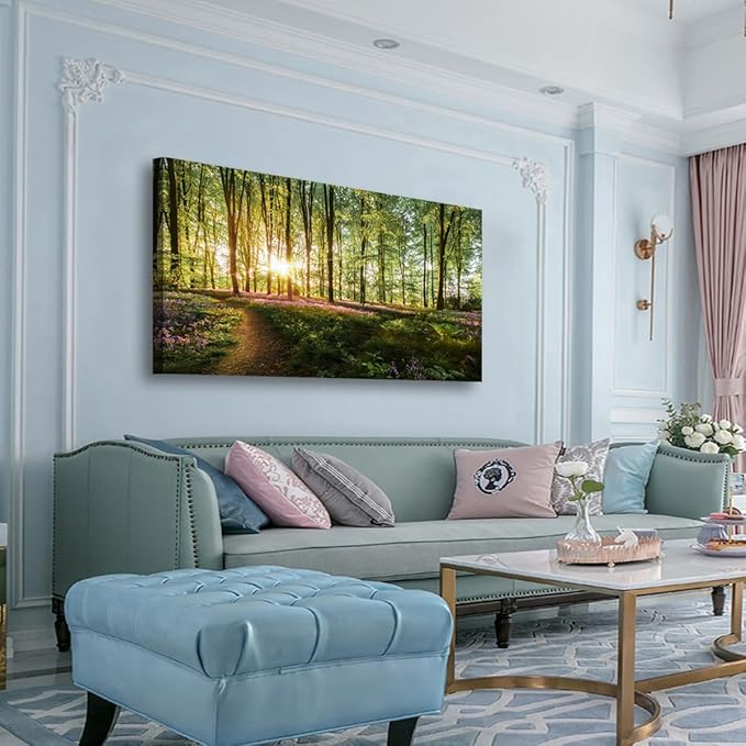 Green Forest Wall Art for Living Room Bedroom Office Large Landscape Nature Tree of Life Canvas Wall Art Kitchen Sunlight Grass Purple Flower Pictures Modern Wall Decor Paintings Artwork 20 * 40inch