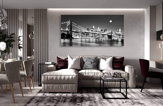 Baisuart-Q30375 Brooklyn Bridge Night View 1 Panels Landscape Artwork Canvas Prints Moon Night New York City Scene Picture Paintings Black and white Wall Art for Oiffce Home Decorations Wall Decor