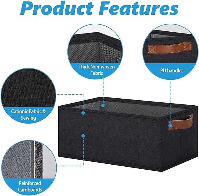 GhvyenntteS Small Fabric Storage Bins 12 Pack, 11.8" x 7.87" x 5.11" Storage Basket with Leather Handles, Closet Storage Bins for Shelves, Storage Baskets for Shelves, DVD Storage (Black)
