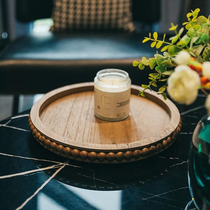 12in Round Wood Beaded Tray - Brown, Distressed Finish - Farmhouse Boho Style - Decorative Tray for Living Room, Coffee Table, Kitchen Table or Serving Tray