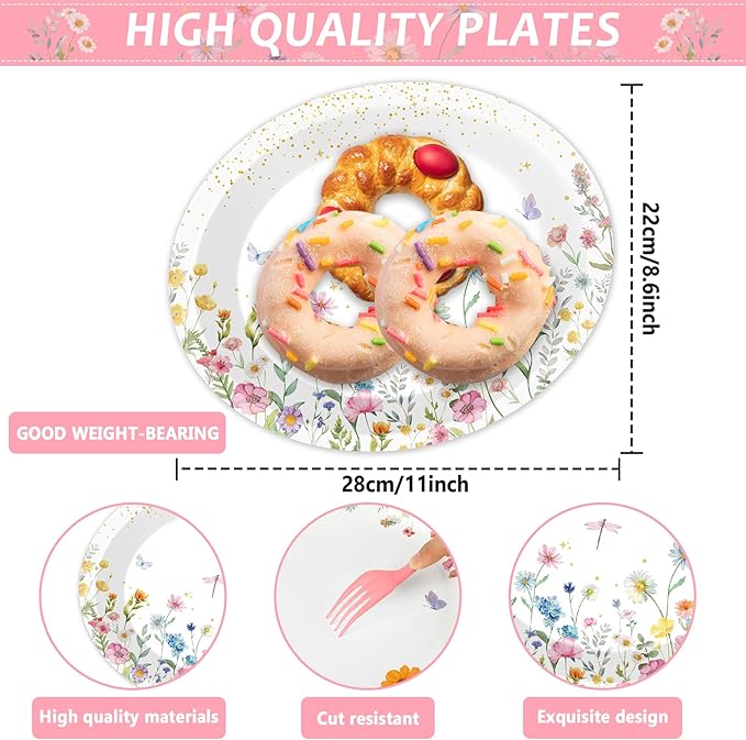 Wildflower Oval Plates and Napkins Floral Paper Platters Disposable Flower Party Tableware Decor Heavy Duty Dish Tray for Holiday Picnic Wedding Bridal Baby Shower Party Celebration,25 Guest