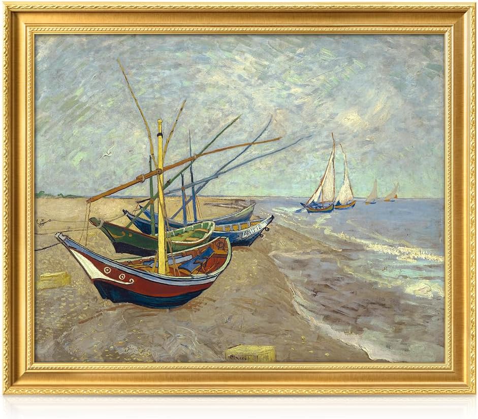 DECORARTS - Vincent van Gogh's Boats at Saintes-Maries. Museum-Quality Giclee Print on Cotton Canvas, Gold Wood Frame with Ornate Detailing, Framed Size: 34.75x28.75, Made in USA