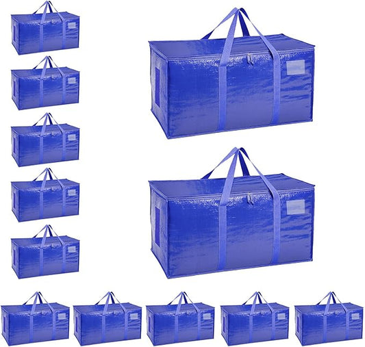 12 Pack-Extra Large Heavy Duty Moving Bags - Waterproof Storage Totes with Handles & Zippers, Foldable for College Dorm, Storage (Blue)