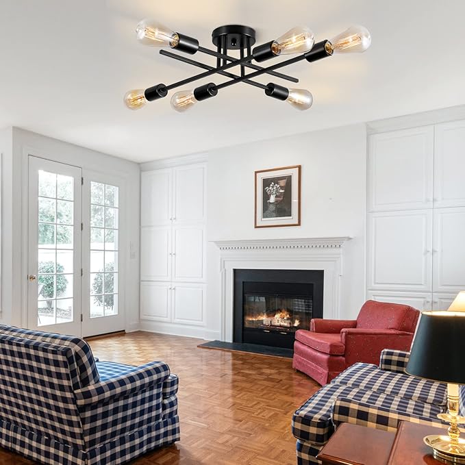 Sputnik Chandeliers, Modern Semi Flush Mount Ceiling Light with E26 Base, Mid Century Industrial Kitchen Farmhouse Light Fixtures for Bedroom Living Room (Black, Ceiling 6 Lights (Lengthen))