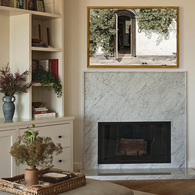 crmotu Vintage Framed Wall Art, Country Landscape Canvas Prints, Grapevine Gate Rustic Farmhouse Decor Painting, Nature Green Scenery Pictures Wall Decor Living Room Bedroom Bathroom Office 20x30in