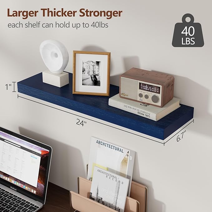 Dark Blue Floating Shelves 24 Inch, Solid Wooden Wall Shelves Set of 2, Rustic Floating Wall Shelves for Decor & Storage for Living Room Bedroom Bathroom