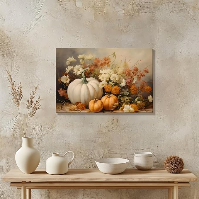 Fall Canvas Wall Art Rustic Pumpkin Posters Fall Pictures Print Dark Cottagecore Thanksgiving Wall Decor for Home Living Room 8x12inch Framed