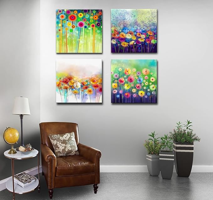 Flowers Bathroom Decor Canvas Wall Art, Colorful Floral Artwork Painting Prints Modern Pictures Framed for Bedroom Office Living Room Decorations - 12"x12"x4 panel