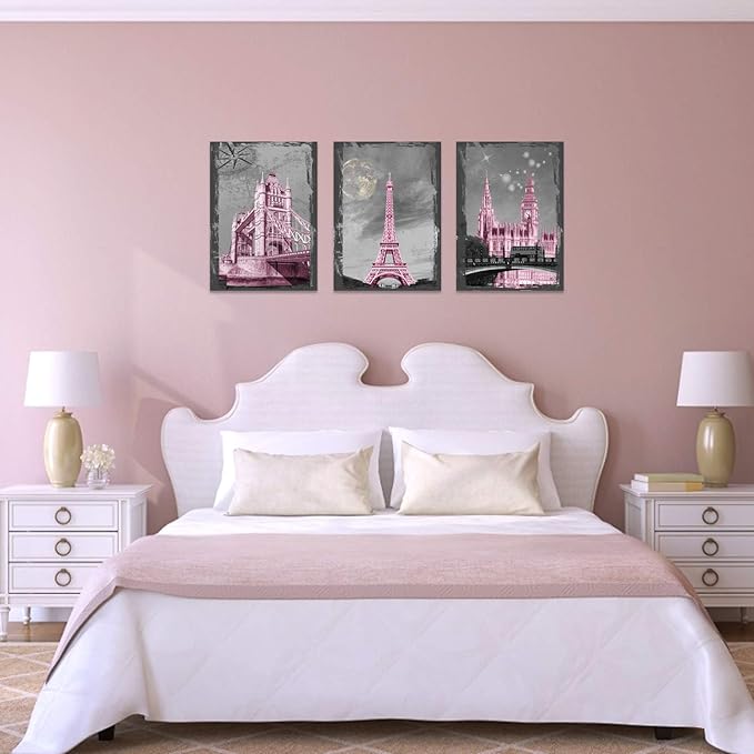 YUANAND Eiffel Tower Wall Decor Girls Pink Room - Paris Wall Decor Canvas Art Pictures - Bedroom Decor Framed Posters Paintings